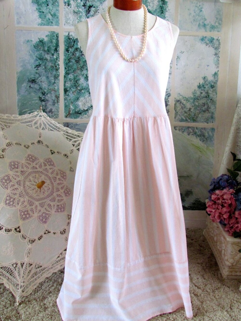 COTTON DRESS, MIRACLE BERRY, L, SLEEVELESS PASTEL PEACH WHITE STRIPE COTTAGECORE